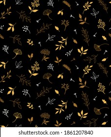 Elegant seamless pattern with plants and herbs. Hand drawn vector illustration.