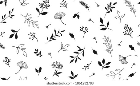 Elegant seamless pattern with plants and herbs. Hand drawn vector illustration.