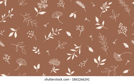 Elegantes, nahtloses Muster mit Pflanzen und Kräutern. Handgezeichnete Vektorgrafik.