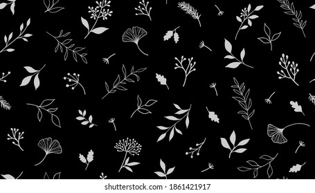 Elegant seamless pattern with plants and herbs. Hand drawn vector illustration.