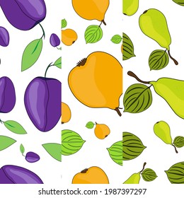 Elegant seamless pattern with plum, quince and pear, design elements. Fruit  pattern for cards, print, gift wrap, manufacturing, textile, fabric, wallpapers. Food, kitchen, vegetarian theme