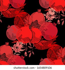 Elegant seamless pattern with pomegranate fruits, design elements. Fruit  pattern for invitations, cards, print, gift wrap, manufacturing, textile, fabric, wallpapers. Food, kitchen, vegetarian theme