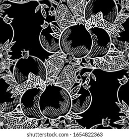 Elegant seamless pattern with pomegranate fruits, design elements. Fruit  pattern for invitations, cards, print, gift wrap, manufacturing, textile, fabric, wallpapers. Food, kitchen, vegetarian theme