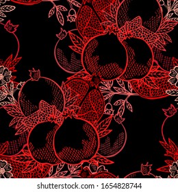 Elegant seamless pattern with pomegranate fruits, design elements. Fruit  pattern for invitations, cards, print, gift wrap, manufacturing, textile, fabric, wallpapers. Food, kitchen, vegetarian theme