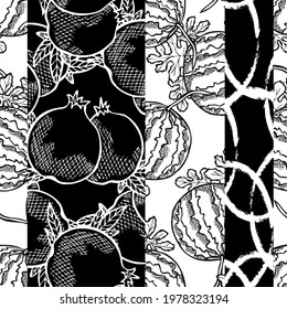 Elegant seamless pattern with pomegranate and watermelon, design elements. Fruit  pattern for invitations, cards, gift wrap, manufacturing, textile, fabric, wallpapers. Food, kitchen, vegetarian theme