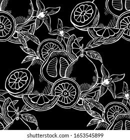 Elegante y sin fisuras con frutas pomelo, elementos de diseño. Patrón de frutas para invitaciones, tarjetas, impresión, envoltura de regalo, manufactura, textiles, tela, papel pintado. Comida, cocina, temática vegetariana