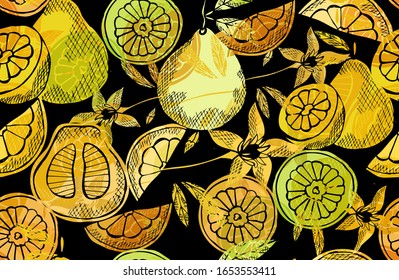 Elegant seamless pattern with pomelo fruits, design elements. Fruit  pattern for invitations, cards, print, gift wrap, manufacturing, textile, fabric, wallpapers. Food, kitchen, vegetarian theme