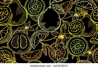 Elegant seamless pattern with pomelo fruits, design elements. Fruit  pattern for invitations, cards, print, gift wrap, manufacturing, textile, fabric, wallpapers. Food, kitchen, vegetarian theme