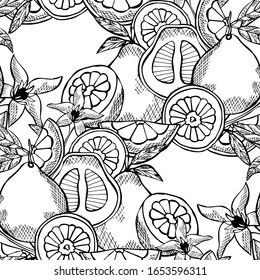 Elegant seamless pattern with pomelo fruits, design elements. Fruit  pattern for invitations, cards, print, gift wrap, manufacturing, textile, fabric, wallpapers. Food, kitchen, vegetarian theme