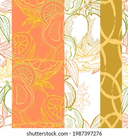 Elegant seamless pattern with pomelo and mango, design elements. Fruit  pattern for cards, print, gift wrap, manufacturing, textile, fabric, wallpapers. Food, kitchen, vegetarian theme