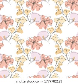Elegant seamless pattern with poppy, calla, gingko, design elements. Floral  pattern for invitations, cards, print, gift wrap, manufacturing, textile, fabric, wallpapers. Continuous line art style