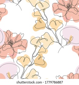 Elegantes, nahtloses Muster mit Mohn, calla, gingko, Design-Elementen. Blumenmuster für Einladungen, Karten, Druck, Geschenkverpackung, Herstellung, Textilien, Gewebe, Wallpaper. Kunststil mit kontinuierlicher Linie