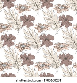 Diseño elegante y sin fisuras con amapola, flores de camomila, elementos de diseño. Patrón floral para invitaciones, tarjetas, impresiones, envoltura de regalo, manufactura, textiles, tela, papel pintado. Estilo de arte de línea continuo