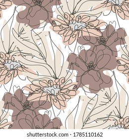 Diseño elegante y sin fisuras con amapola, flores de camomila, elementos de diseño. Patrón floral para invitaciones, tarjetas, impresiones, envoltura de regalo, manufactura, textiles, tela, papel pintado. Estilo de arte de línea continuo