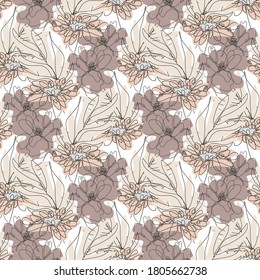 Elegante patrón impecable con amapola y gamomile, elementos de diseño. Patrón floral para invitaciones, tarjetas, impresiones, envoltura de regalo, manufactura, textiles, tela, papel pintado. Estilo de arte de línea continuo