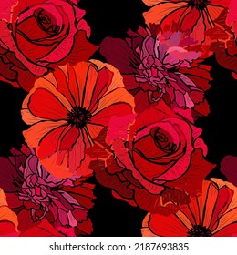 Elegante patrón impecable con amapola, rosa, flores de peonía, elementos de diseño. Patrón floral para invitaciones, tarjetas, impresiones, envolturas de regalo, manufactura, textiles, tejidos, papeles pintados