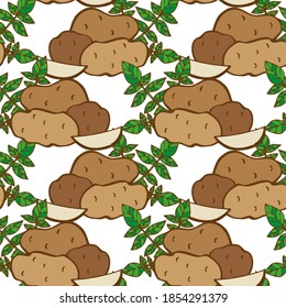 Elegant seamless pattern with potatoes, design elements. Vegetable pattern for invitations, cards, print, gift wrap, manufacturing, textile, fabric, wallpapers. Food, kitchen, vegetarian theme