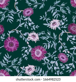 Elegant seamless pattern of purple flowers of chrysanthemums and gerberas, twigs and leaves on a forest green background. Vector illustration with floral ornaments.