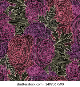 Elegant seamless pattern with ranunculus flowers, design elements. Floral  pattern for invitations, cards, print, gift wrap, manufacturing, textile, fabric, wallpapers
