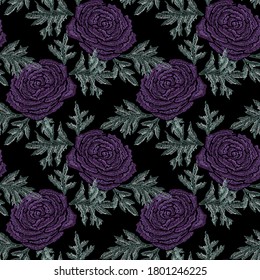 Elegant seamless pattern with ranunculus flowers, design elements. Floral  pattern for invitations, cards, print, gift wrap, manufacturing, textile, fabric, wallpapers. Embroidery style