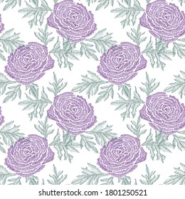 Elegant seamless pattern with ranunculus flowers, design elements. Floral  pattern for invitations, cards, print, gift wrap, manufacturing, textile, fabric, wallpapers. Embroidery style