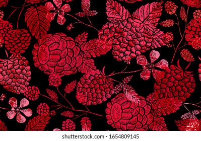 Elegantes, nahtloses Muster mit Himbeerfrüchten, Designelementen. Obstmuster für Einladungen, Karten, Druck, Geschenkverpackung, Herstellung, Textilien, Gewebe, Wallpaper. Essen, Küche, vegetarisches Thema