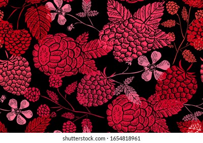 Elegant seamless pattern with raspberry fruits, design elements. Fruit  pattern for invitations, cards, print, gift wrap, manufacturing, textile, fabric, wallpapers. Food, kitchen, vegetarian theme