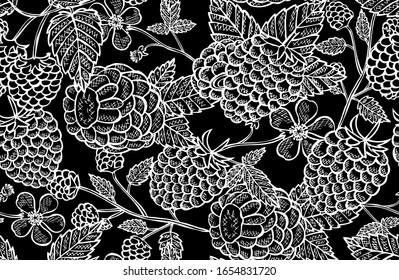 Elegant seamless pattern with raspberry fruits, design elements. Fruit  pattern for invitations, cards, print, gift wrap, manufacturing, textile, fabric, wallpapers. Food, kitchen, vegetarian theme