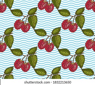 Elegant seamless pattern with raspberry fruits, design elements. Fruit  pattern for invitations, cards, print, gift wrap, manufacturing, textile, fabric, wallpapers. Food, kitchen, vegetarian theme