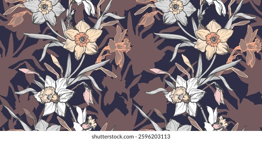 Elegante padrão sem emenda com flores desenhadas à mão realista narciso narciso em marrom. Elementos florais em fundo de cores terrosas. Ilustração de vetor para têxtil, tecido, papel de parede, embalagem.