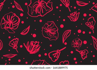 Elegant seamless pattern with red flowers on black background for paper, cover, fabric, interior decor and other users.