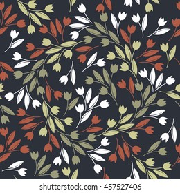 Elegant seamless pattern with red, green and white tulips isolated on blue background. Perfect for surface textures, textile, kids cloth, pattern fills and more creative designs. 