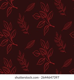 Elegant seamless pattern with red outline drawings of various botanical leaves on a dark background. A sophisticated and minimalist line art for modern decor.