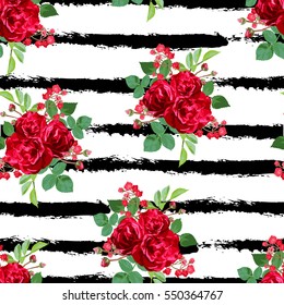 Elegant seamless pattern with red rose flowers in watercolor style, design elements. Floral pattern for wedding invitations, greeting cards, scrapbooking, print, gift wrap, manufacturing. Editable