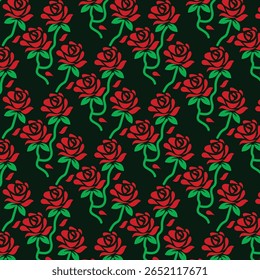Elegant seamless pattern of red roses with green stems and leaves on a deep black background. Ideal for romantic designs, textiles, wallpapers, Valentine's Day decor, and floral-themed projects.