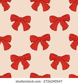 Elegante patrón sin costuras con lazos de rayas rojas. Fondo de Vector dibujado a mano. Coquette estilo vintage