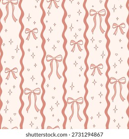 Elegant seamless pattern with red stripes and bows. Holiday striped vector flat background in vintage coquette style. Festive design for wrapping paper, textiles and greeting cards