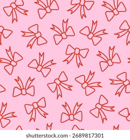 Elegante padrão sem emenda de arcos amarrados vermelhos em um fundo rosa. Textura de repetição na moda para casamento, férias, decoração de festa, presente, conceito presente, papel de embrulho. Ilustração vetorial