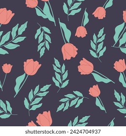 Elegante patrón sin costuras con tulipanes rojos y hojas. Diseño vectorial sobre fondo oscuro.