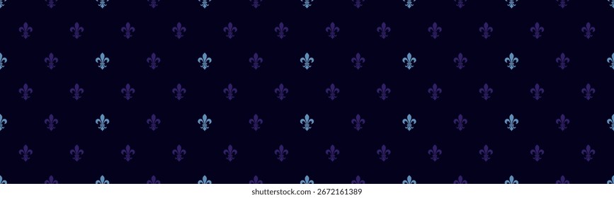 Elegant seamless pattern of repeating fleurdelis in shades of blue on a dark background.  Ideal for textiles, wallpapers, website backgrounds, and branding.