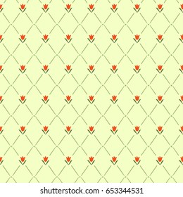 Elegant seamless pattern with rhombus and red small flower lily or tulip. Cute pastel soft color floral background. Geometric gird vector ornament texture.