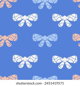 Elegant seamless pattern with ribbon bow. Decorative coquette ornament for wrapping paper, present, holiday, gift on blue background. Repeat vector illustration 
