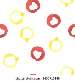 Elegant Seamless pattern a ring yellow and circle red color with heart. Perfect for your design, textile, pattern fills, box, posters, cards, etc. Pattern under the mask. Vector.