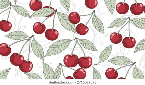 Un elegante patrón sin fisuras de cerezas rojas maduras con hojas verdes en las ramas sobre un fondo blanco con remolinos grises débiles.