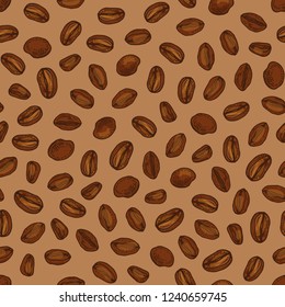 Elegant seamless pattern with roasted coffee seeds or beans scattered on brown background. Realistic hand drawn vector illustration in vintage style for textile print, wrapping paper, wallpaper.
