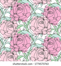 Elegant seamless pattern with rose flowers, design elements. Floral  pattern for invitations, cards, print, gift wrap, manufacturing, textile, fabric, wallpapers. Continuous line art style