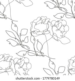 Elegant seamless pattern with rose flowers and leaves, design elements. Floral  pattern for invitations, cards, print, gift wrap, manufacturing, textile, fabric, wallpapers. Continuous line art style