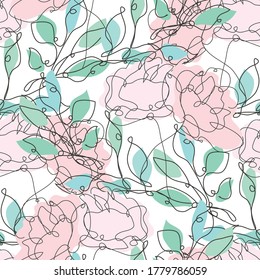 Elegant seamless pattern with rose flowers and leaves, design elements. Floral  pattern for invitations, cards, print, gift wrap, manufacturing, textile, fabric, wallpapers. Continuous line art style