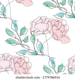 Elegant seamless pattern with rose flowers and leaves, design elements. Floral  pattern for invitations, cards, print, gift wrap, manufacturing, textile, fabric, wallpapers. Continuous line art style