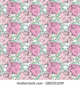 Elegant seamless pattern with rose flowers, design elements. Floral  pattern for invitations, cards, print, gift wrap, manufacturing, textile, fabric, wallpapers. Continuous line art style